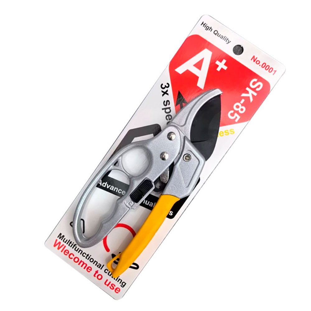 Секатор садовий професійний YT-SK5Y, з механізмом хропіння, довжина 205мм, діаметр зрізу 25мм, сталь SK5, з фіксатором, 0,206кг. Yellow/Gray. Bliste