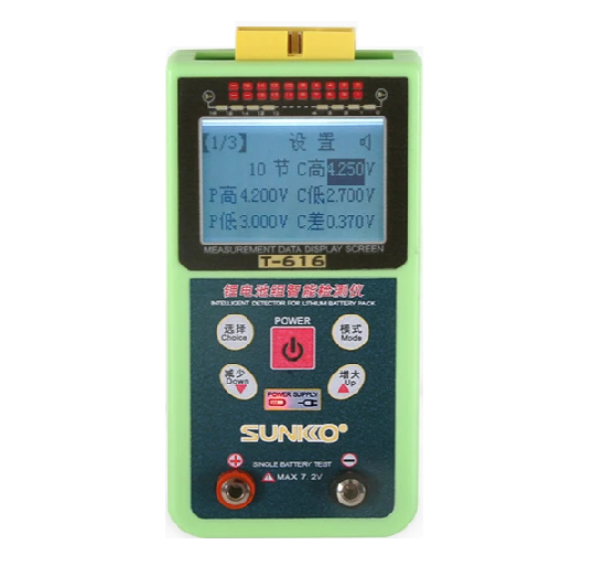 Тестер Sunkko T-616 напруги/ємності батареї LiIon 1-16S акумуляторів 0,5-80В, V:1mV~±100VDC, LCD, 145*71*25мм, 0,5кг
