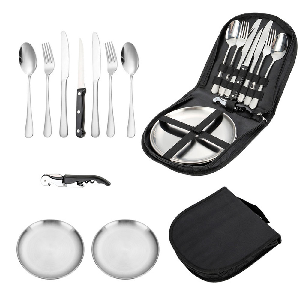 Набір посуду з 10 предметів для пікніка (ложки, вилки, ножі, тарілки, штопор) 24x24cm, 0,190 кг, Bag