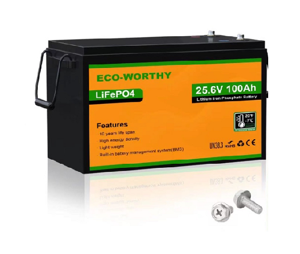 Аккумуляторная батарея Eco-Worthy LiFePO4 25,6V 100Ah,(80/100A), -7°C до 60°C, винт M8, 340*188*245 мм. 18 кг