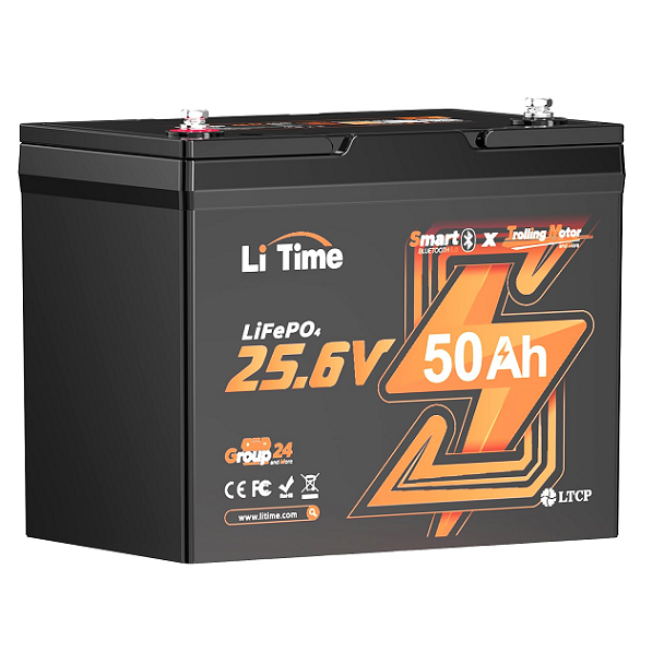 Акумуляторна батарея Li-TIME LiFePO4 25.6V 50Ач 1280Wh Bluetooth 5.0, 6000Cycles, BMS50A, ≤40mΩ, IP65, L206*B168*H211 mm, 9.6 kg