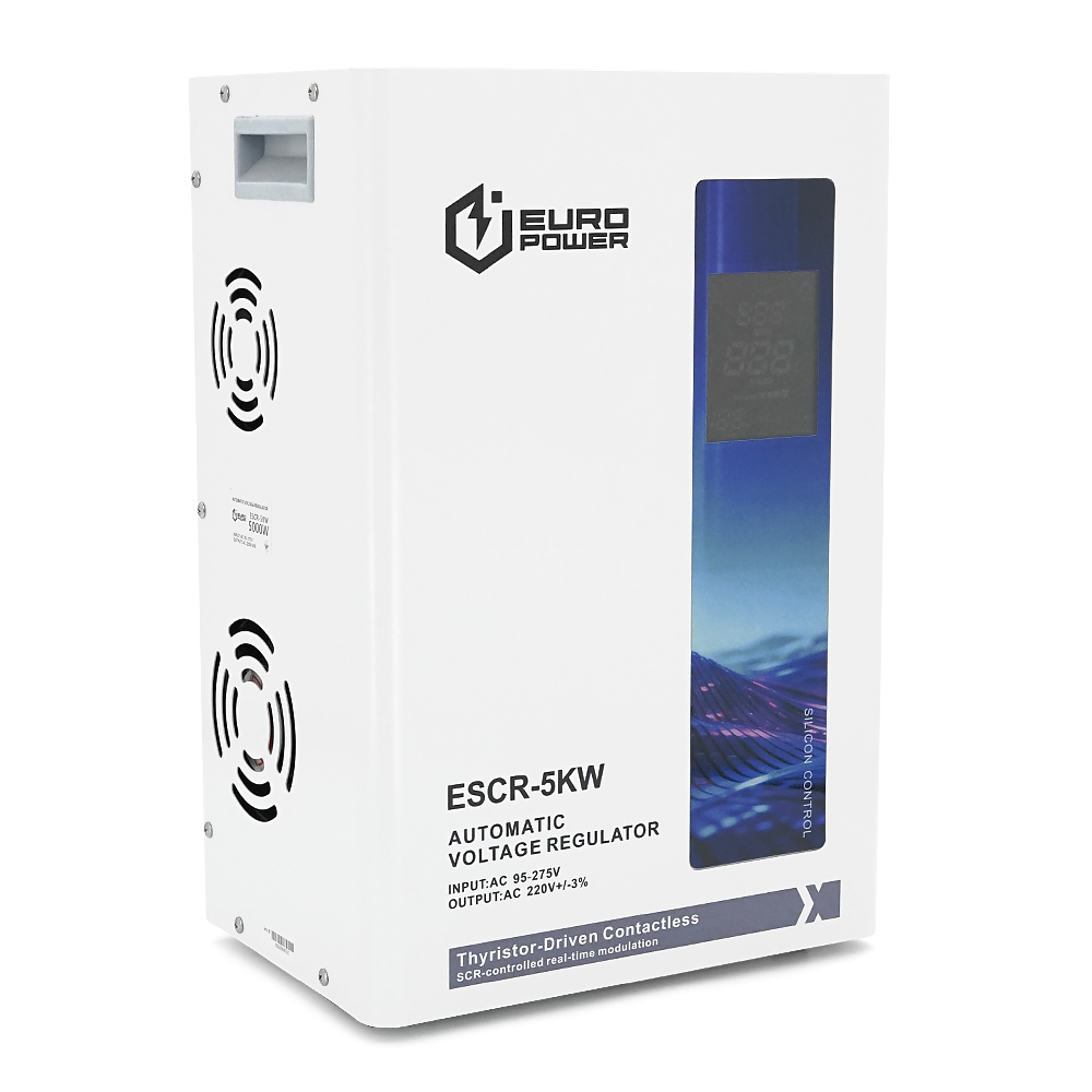 Стабилизатор напряжения тиристорный Europower ESCR-5KW LCD, 5000W, AC 95V-275V, 50Hz/60Hz, aluninum, ≤50dB, Fan, Power factor 100%, 14,8kg, Q1