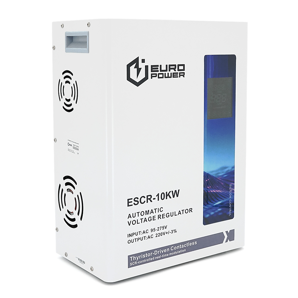 Тиристорний стабілізатор напруги Europower ESCR-10KW LCD, 10000 Вт, змінний струм 95–275 В, 50 Гц/60 Гц, алюміній, ≤50 дБ, вентилятор, коефіцієнт потужності 100 %, 22,5 кг, Q1
