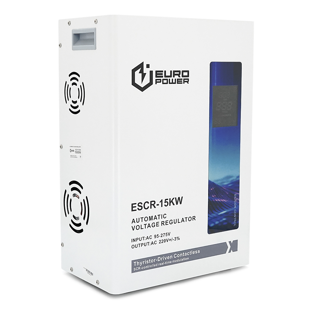 Тиристорний стабілізатор напруги Europower ESCR-15KW LCD, 15000 Вт, змінний струм 95–275 В, 50 Гц/60 Гц, алюміній, ≤50 дБ, вентилятор, коефіцієнт потужності 100 %, 30,5 кг, Q1