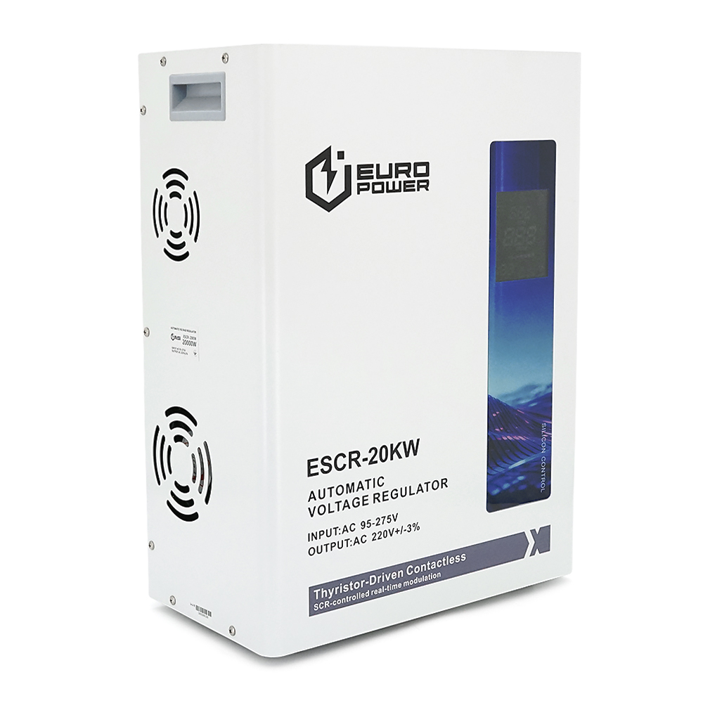 Стабілізатор напруги Europower ESCR-20KW з РК-дисплеєм та тиристорним регулюванням, 20 000 Вт, змінний струм 95–275 В, 50 Гц/60 Гц, алюміній, ≤50 дБ, вентилятор, коефіцієнт потужності 100 %, 34,3 кг, Q1