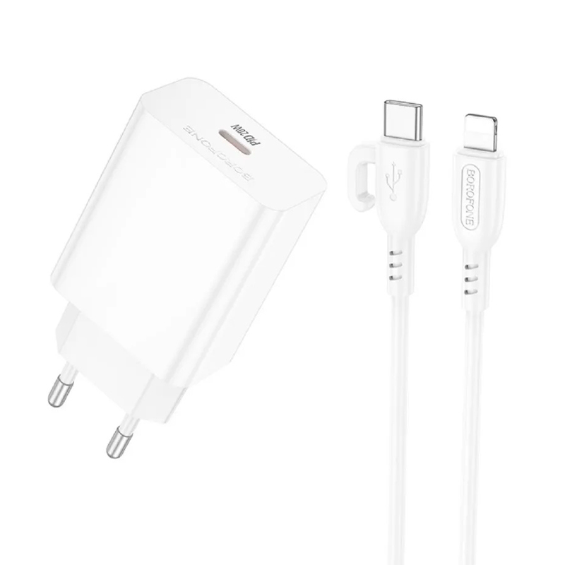 Набір BOROFONE BA21A Pro СЗУ 1xType-C+ кабель Type-C/Lighting, 20W, 1м, White, Blister