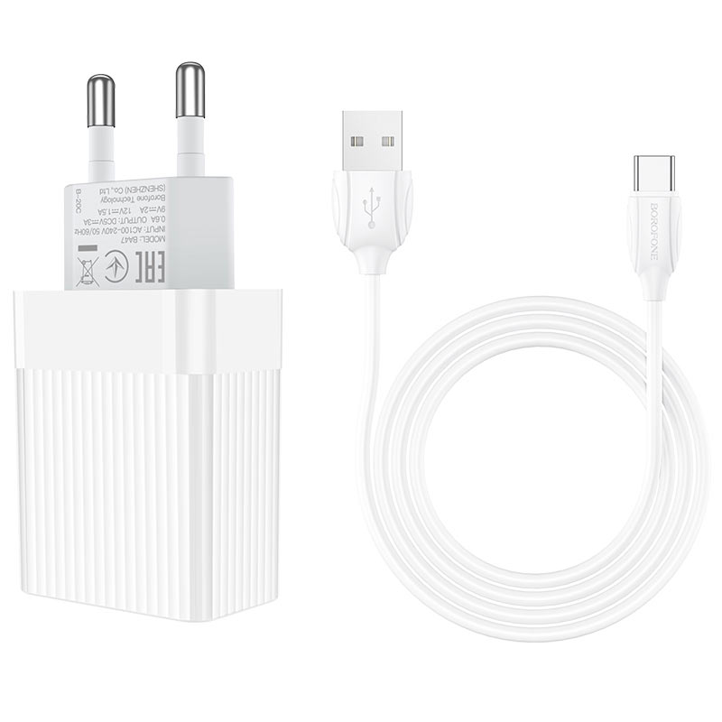 Набір BOROFONE BA47A СЗУ 1xUSB+ кабель Type-C/USB, 3A, 1м, White, Blister