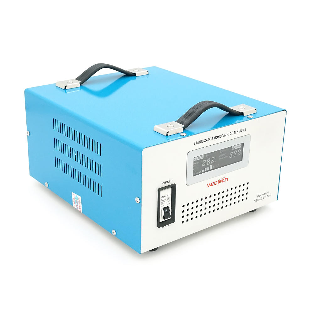 Стабілізатор напруги Westech MSER 5000 VA-V2/3750W однофазний, сервопривід, монтажу підлоги, LED дисплей, діапазон 130-260V, AC230±3%, 2*Shuko,