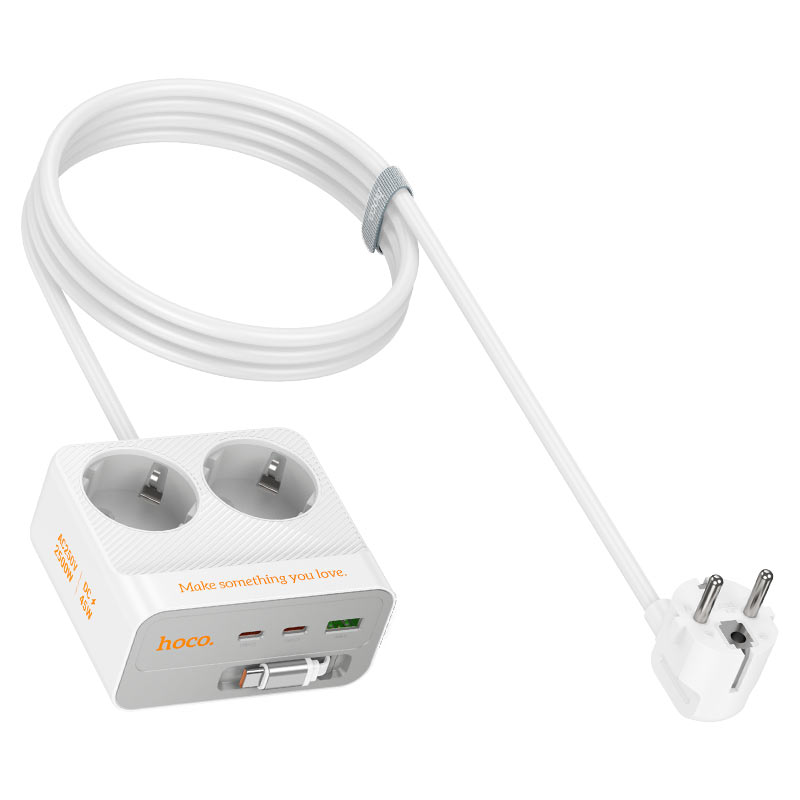 Мережевий фільтр HOCO AC28A на 2 розетки + 1 USB + 3 USB-C, 45W, 220В, кабель 2м, White, Box
