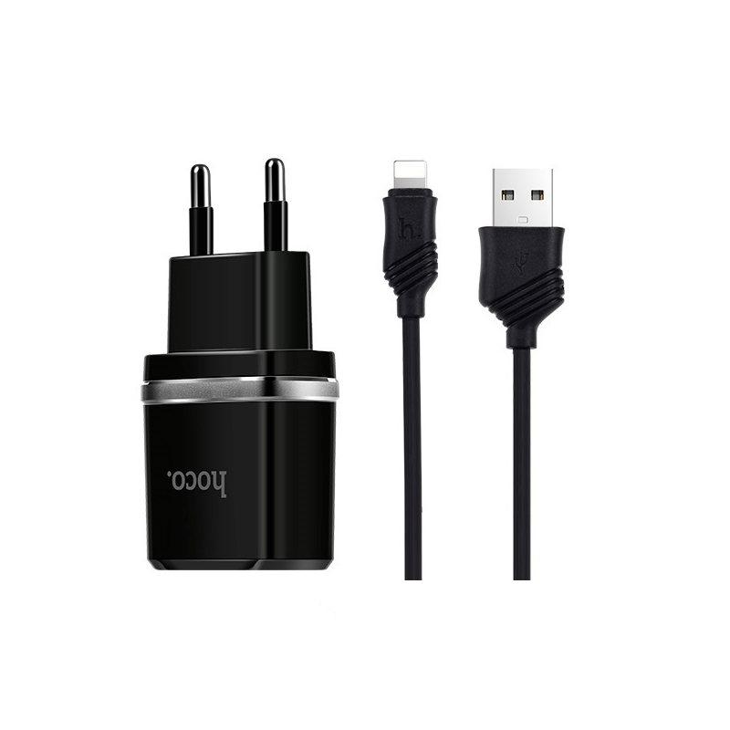 Набір СЗУ HOCO C12 Smart + кабель Lighting, 2xUSB, 2.4A, кабель 1м, Black, Blister