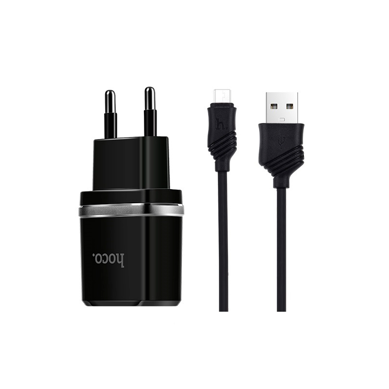 Набір СЗУ HOCO C12 Smart + кабель Micro, 2xUSB, 2.4A, кабель 1м, Black, Blister