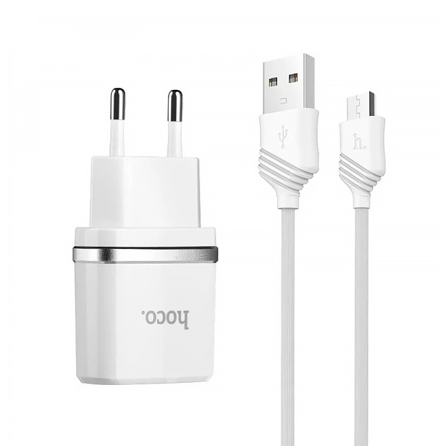 Набір СЗУ HOCO C12 Smart + кабель Micro, 2xUSB, 2.4A, кабель 1м, White, Blister