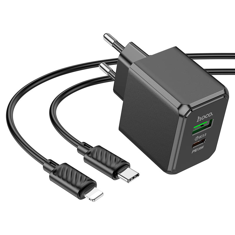 Набір СЗУ HOCO CS14A + кабель Lighting, 1xUSB+1xUSB-C, PD20W+QC3.0, кабель 1м, Black, Box