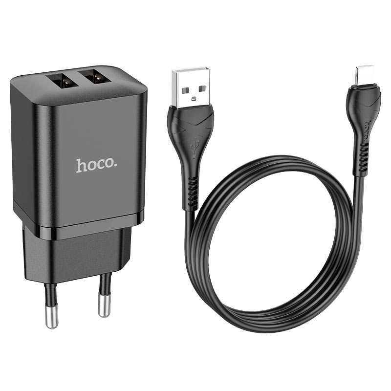 Набір СЗУ HOCO N25 + кабель Lighting, 2xUSB, 2.1A, кабель 1м, Black, Blister