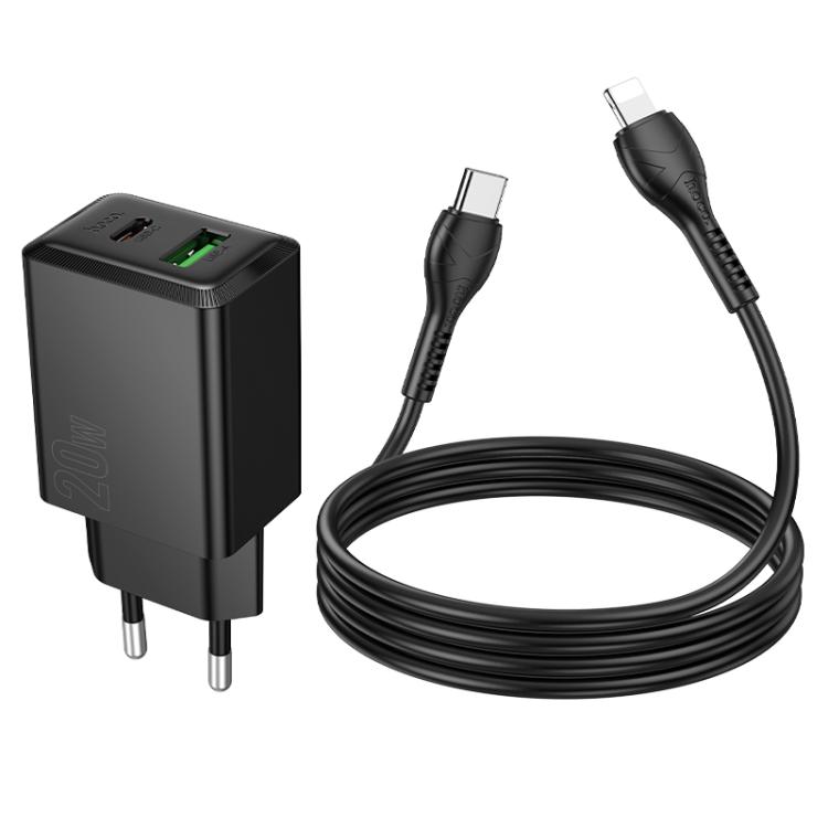 Набір СЗУ HOCO N69 + Type-C/Lighting кабель, 1xUSB+1xUSB-C, PD20W+QC3.0, кабель 1м, Black, Box