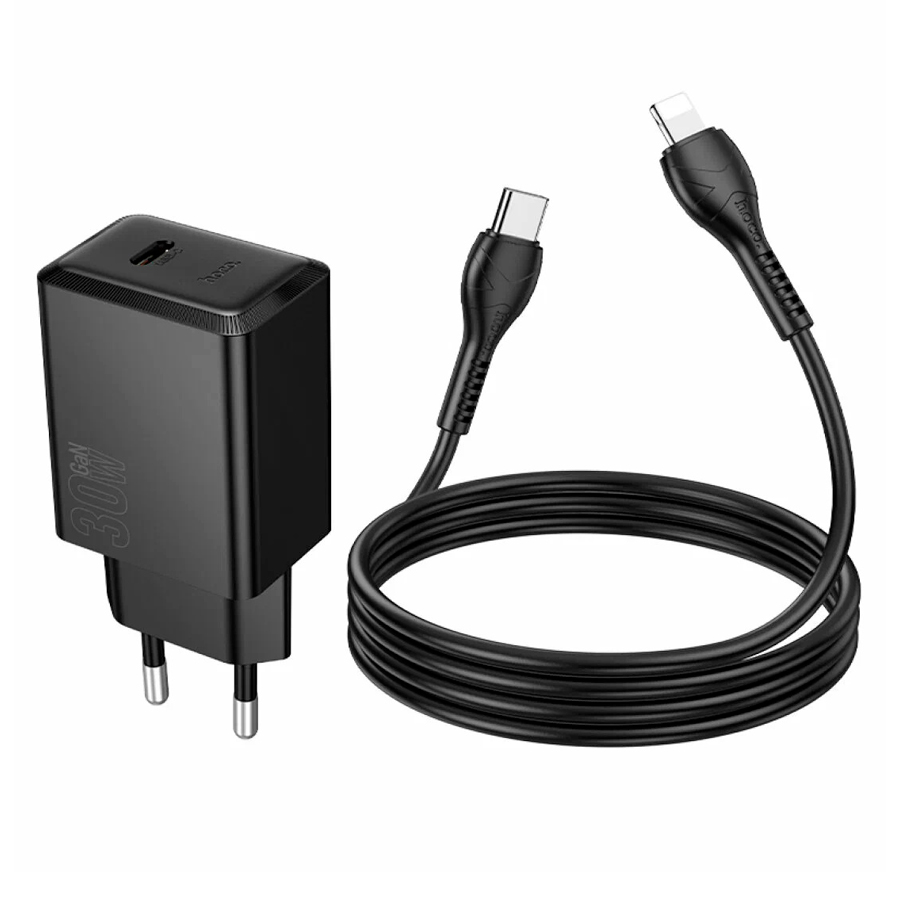 Набір СЗУ HOCO N70 + Type-C/Lighting кабель, 1xUSB+1xUSB-C, PD30W+QC3.0, кабель 1м, Black, Box