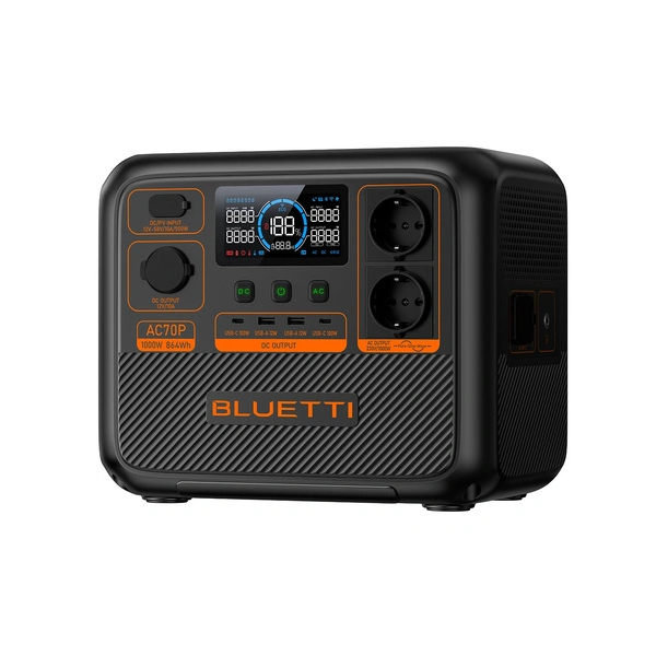 Power station Bluetti AC70P, 1000 Вт, 864 Вт*год, LiFePO4, MPPT 500Вт, CarPort12V, 2хAC 220, 2xUSB (12W), 2хUSB-C(100W), бездротова 15W, зарядка 45мин, 314х209,5х255,8мм, 10,7кг