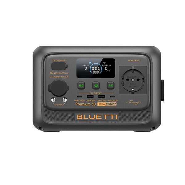 Power station Bluetti Premium 30 V2, 600 Вт, 320 Вт * год, LiFePO4, MPPT 150 Вт, CarPort12V, 1х DC12V, 1хAC 220, 2xUSB-15W, 2хUSB-C (100W), зарядка 60 мин, 250х178х167,5мм, 4,3кг