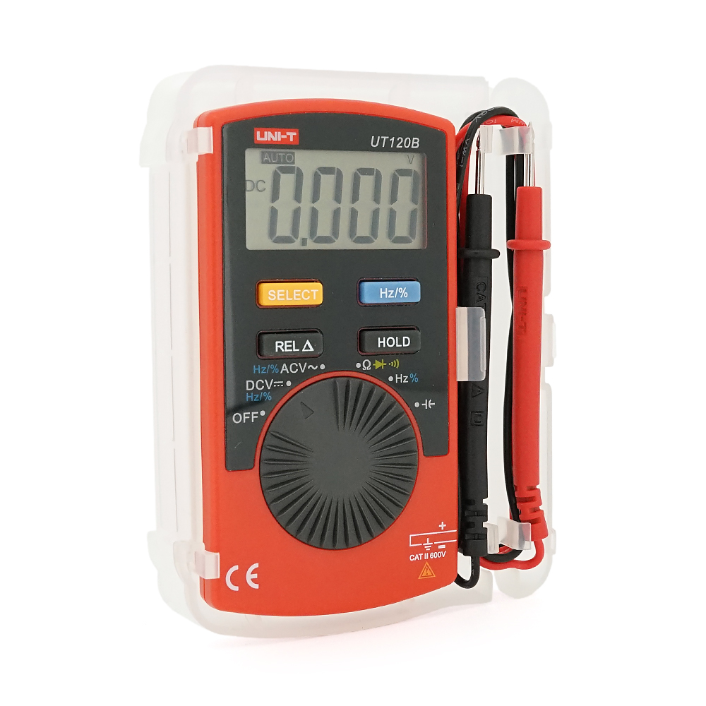 Мультиметр UNI-T UT120B: вимірювання V A Ω C Hz °C. Функції True RMS продзвінку тест діодів перевірка транзисторів. Габарити 110×58×11 мм