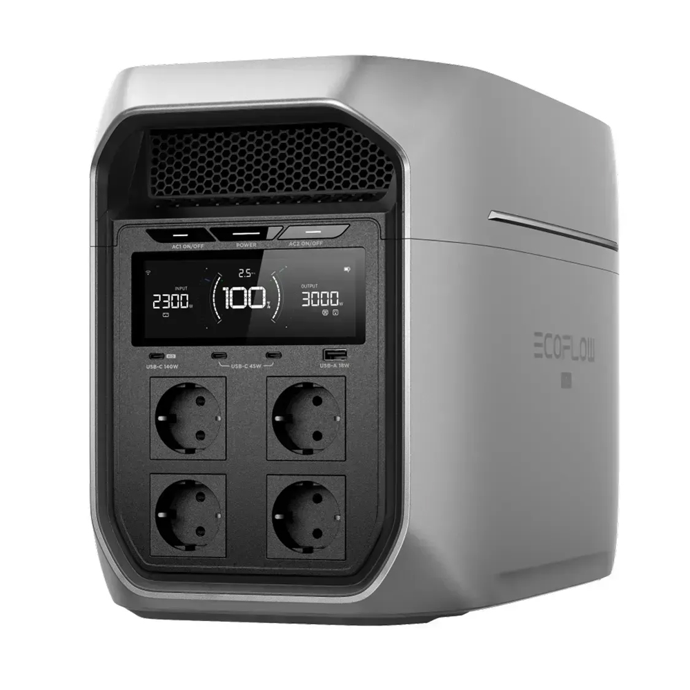 Портативная зарядная станция EcoFlow DELTA 3 Max Plus (LiFePO4 2048 Вт·ч), 4000 циклов, мощность 3000 Вт (пиковая 6000 Вт), MPPT 500W, Wi-Fi, Bluetooth, USB Type-C 1*140W 2*45W, USB Type A 18W, XT60, Розетка 230V*4, Anderson port, XT150, IP20, 494*305*242