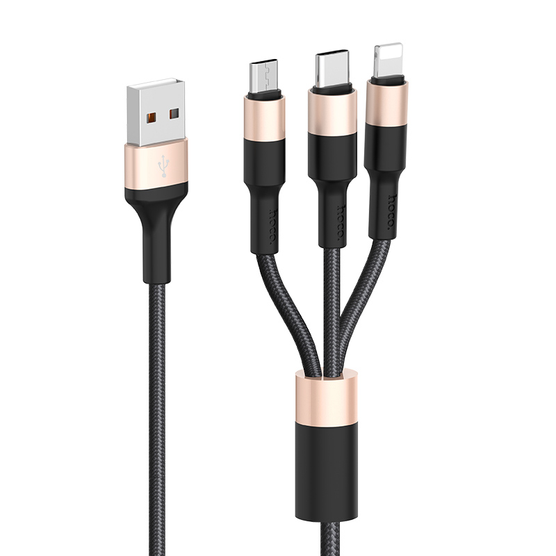 Кабель HOCO X26 USB-1 3 in 1 Micro/Iphone/Type-C, 2A, довжина 1м, Black/Gold, Box