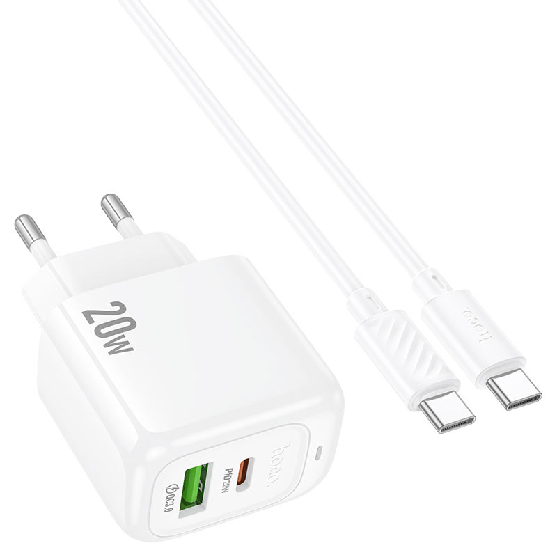 Набір СЗУ HOCO CS54A+ кабель Type-C/Type-C, 1xUSB+1xUSB-C, PD20W+QC3.0, кабель 1м, White, Box