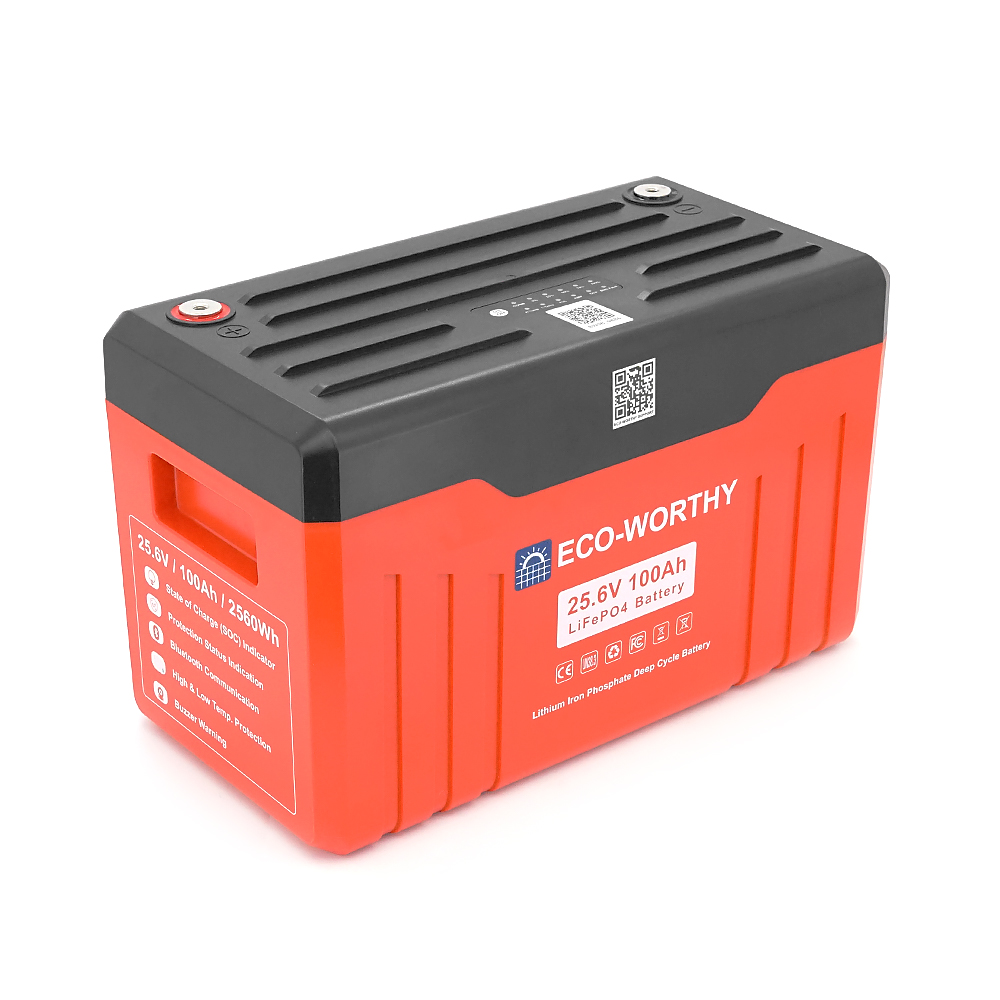 Акумуляторна батарея Eco-Worthy LiFePO4 25,6V 100Ah,(100/100A), 0°C до 60°C, індикатор заряду, винт M8, 414*215*260 мм. 18 кг