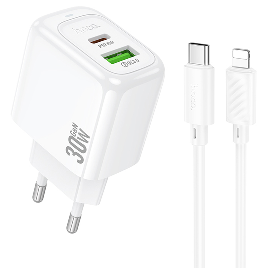Набір СЗУ HOCO CS55A + Type-C/Lighting кабель, 1xUSB+1xUSB-C, PD30W+QC3.0, кабель 1м, White, Box