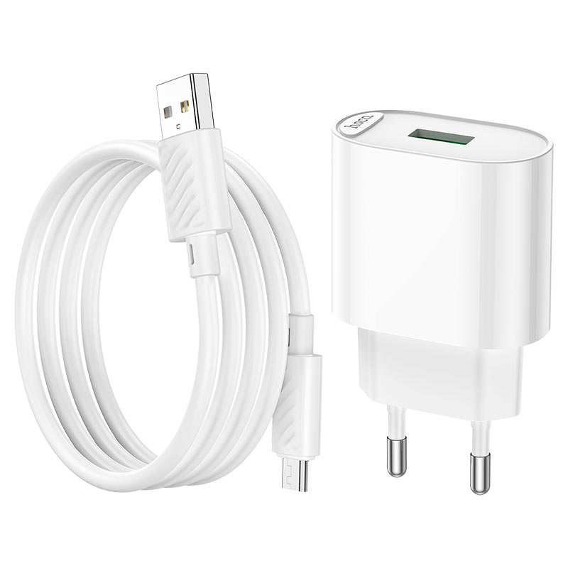 Набір СЗУ 110-240V HOCO C109A 1xUSB+ кабель Micro, 3.0A, кабель 1м, White, Blister