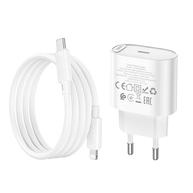 Набір СЗУ 110-240V HOCO C109A 1xUSB-C+ кабель Lighting, PD20W, кабель 1м, White, Blister