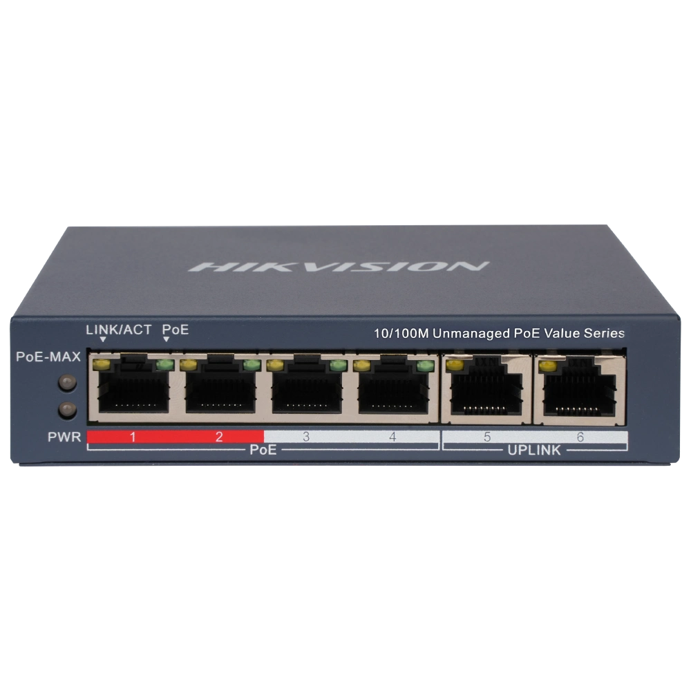 6-портовий некерований POE комутатор Hikvision DS-3E0106P-E/M(B) , 4 POE×100 Мбіт/с + 2 RJ45×100 Мбіт/с