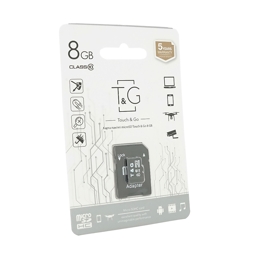 Карта пам'яті T&G microSDHC Class 10 UHS-I, з адаптером, 8GB, Blister