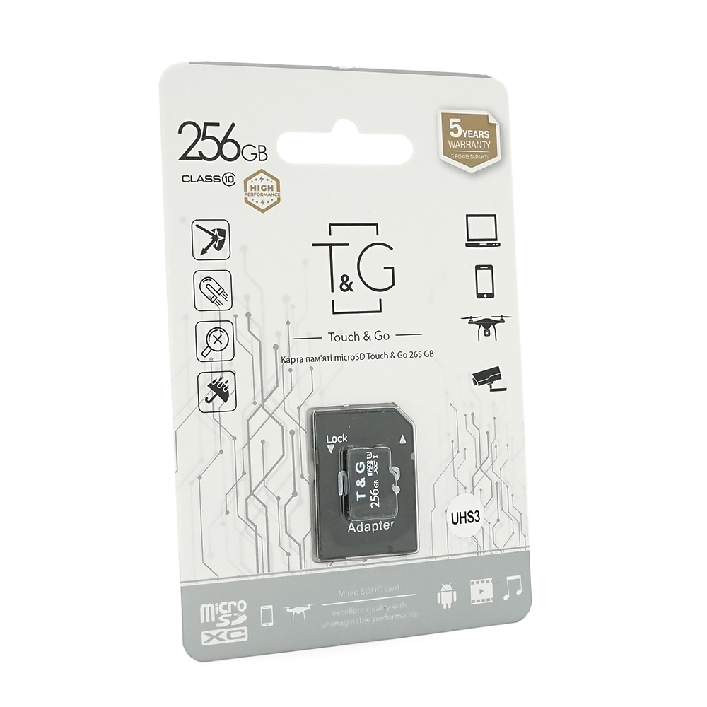 Карта пам'яті T&G microSDHC Class 10 UHS-3, з адаптером, 256GB, Blister