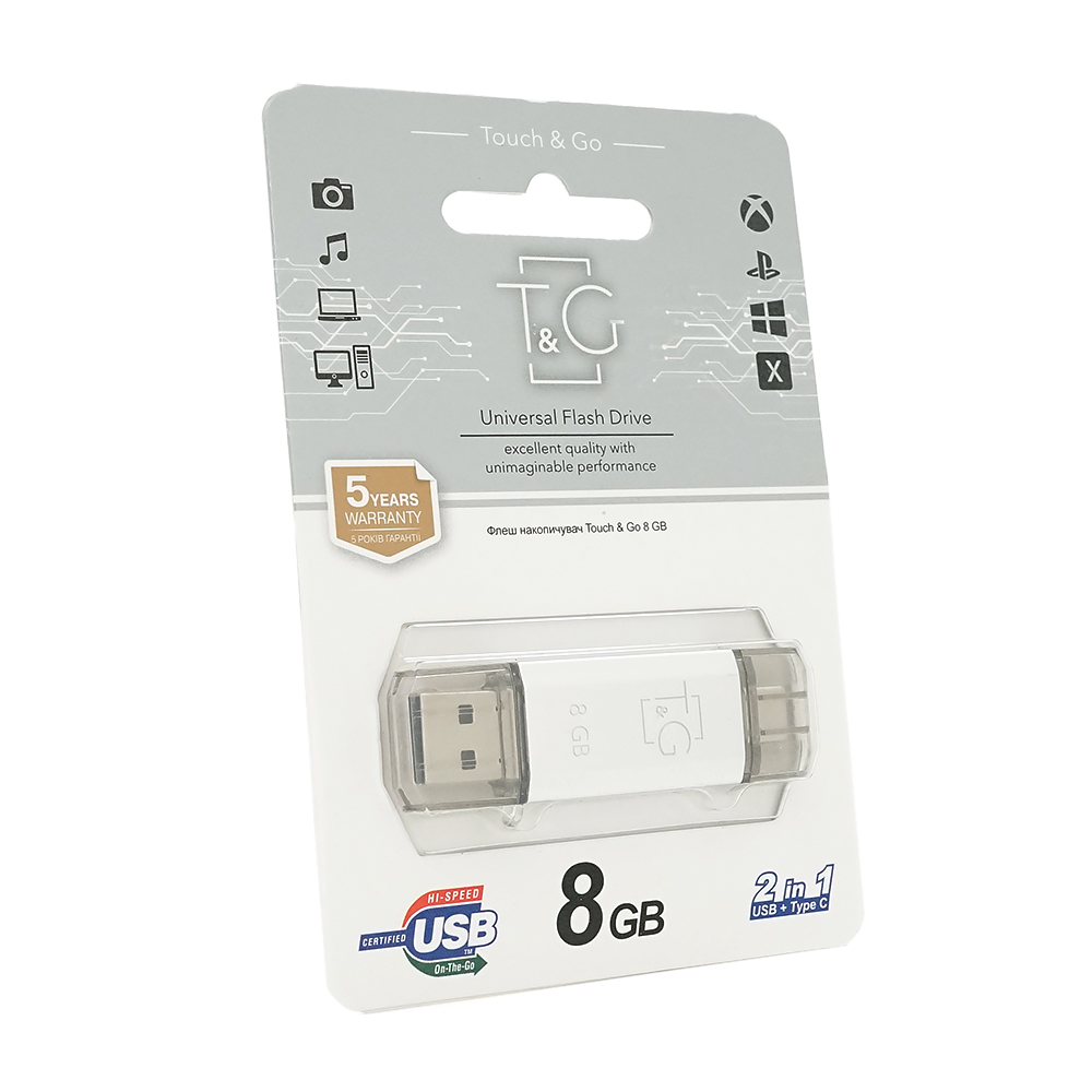 Флеш-накопичувач T&G Star S, USB 2.0+Type-C, 8GB, Metal, Blister