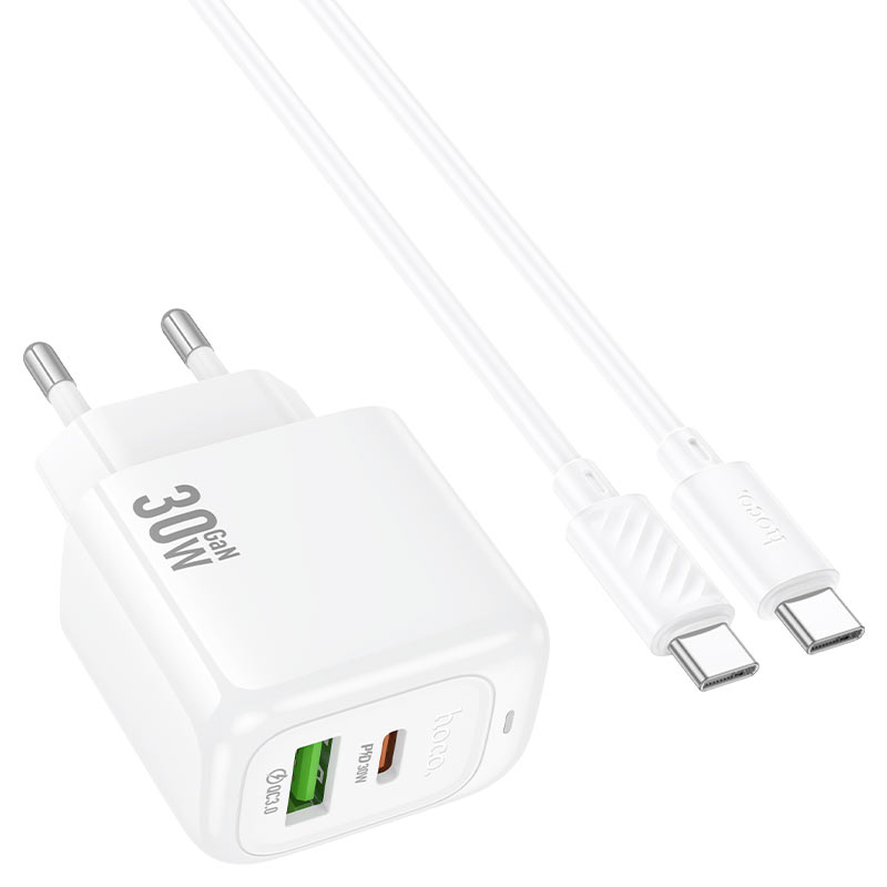 Набір СЗУ HOCO CS55A + кабель Type-C/Type-C 1xUSB+1xUSB-C, PD30W+QC3.0, кабель 1м, White, Box