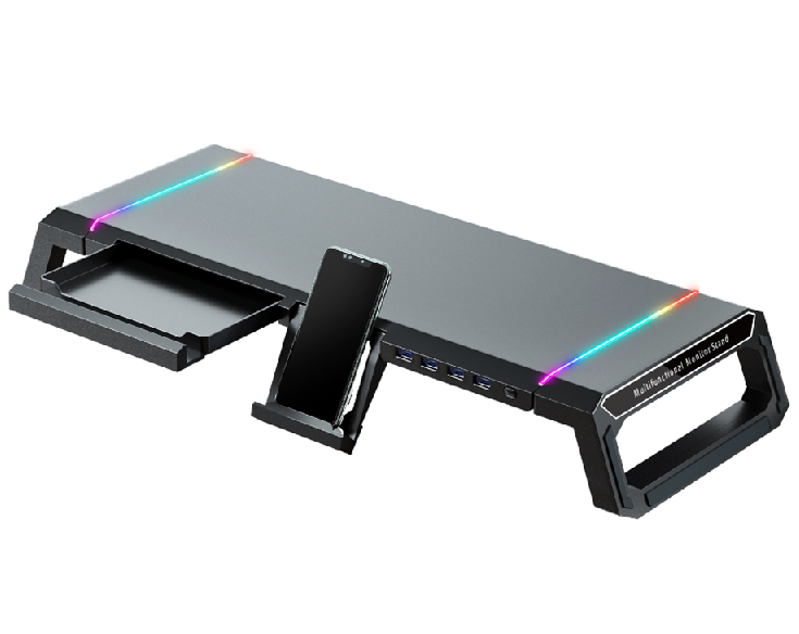 Підставка під монітор IceCoorel T1-B001, RGB-підсвічування, тримач мобільного, 4xUSB 2.0, 5V-0.9A, корпус пластик+алюміній, до 20кг, 550x200x75mm, Black, Box, Q10