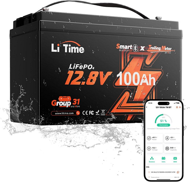 Акумуляторна батарея LiFePO4 Li-TIME 12.8V 100Ач, 1280Wh, BMS 100A, Low-Temp BT, Bluetooth, до 6000 циклів, 330x172x216mm,10kg