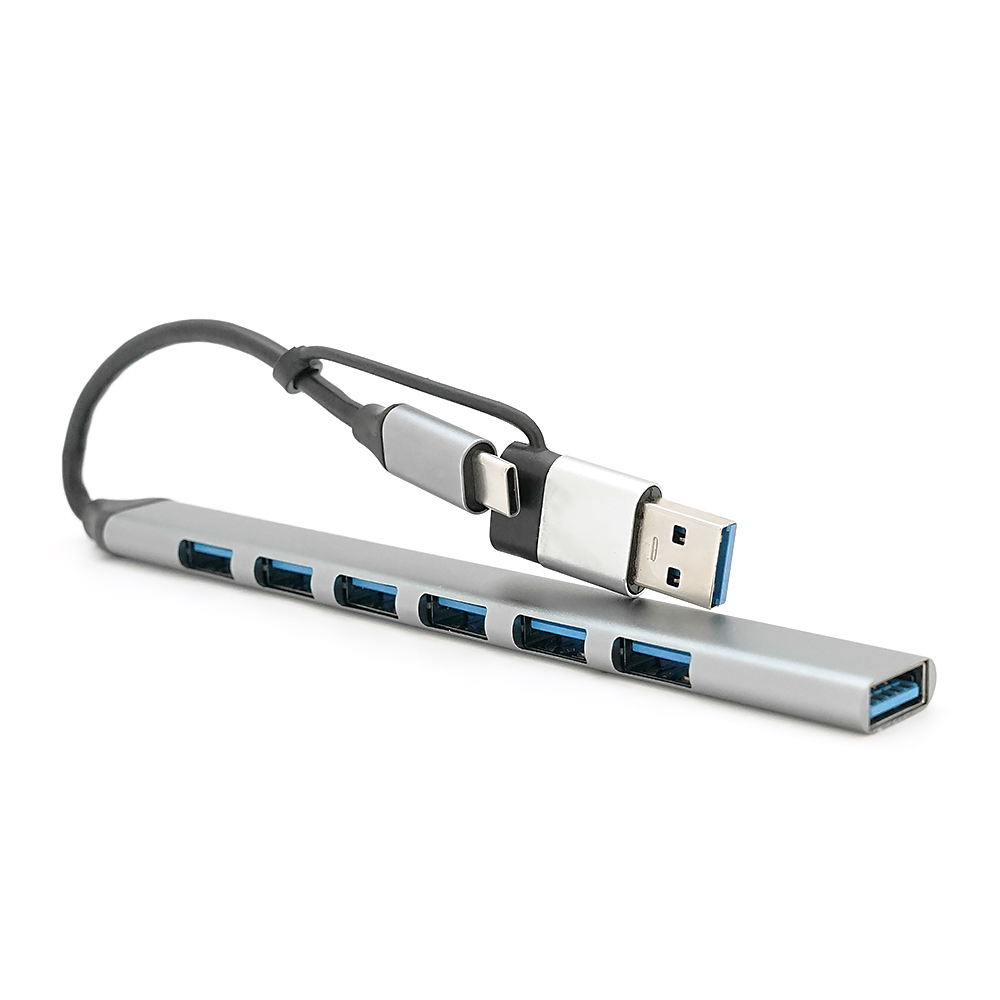 Хаб YT47916 Type-С на USB 3.0/7 портів+ перехідник USB, 480Mbts, живлення від USB, 0.15m, Gray, Box
