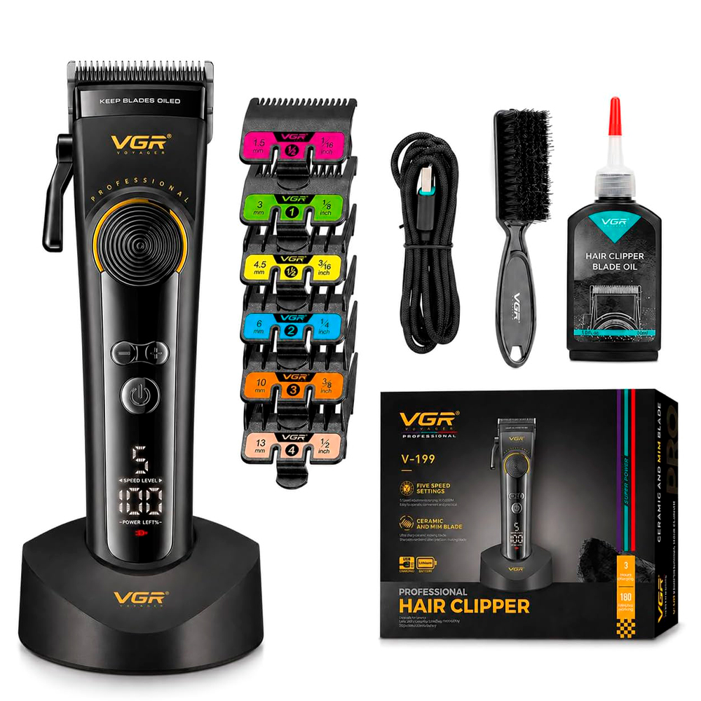 Тример VGR V-199, 6 насадок, регулятор висоти, LED display, 7500 RPM, акумулятор 2000mAh, Black, Box