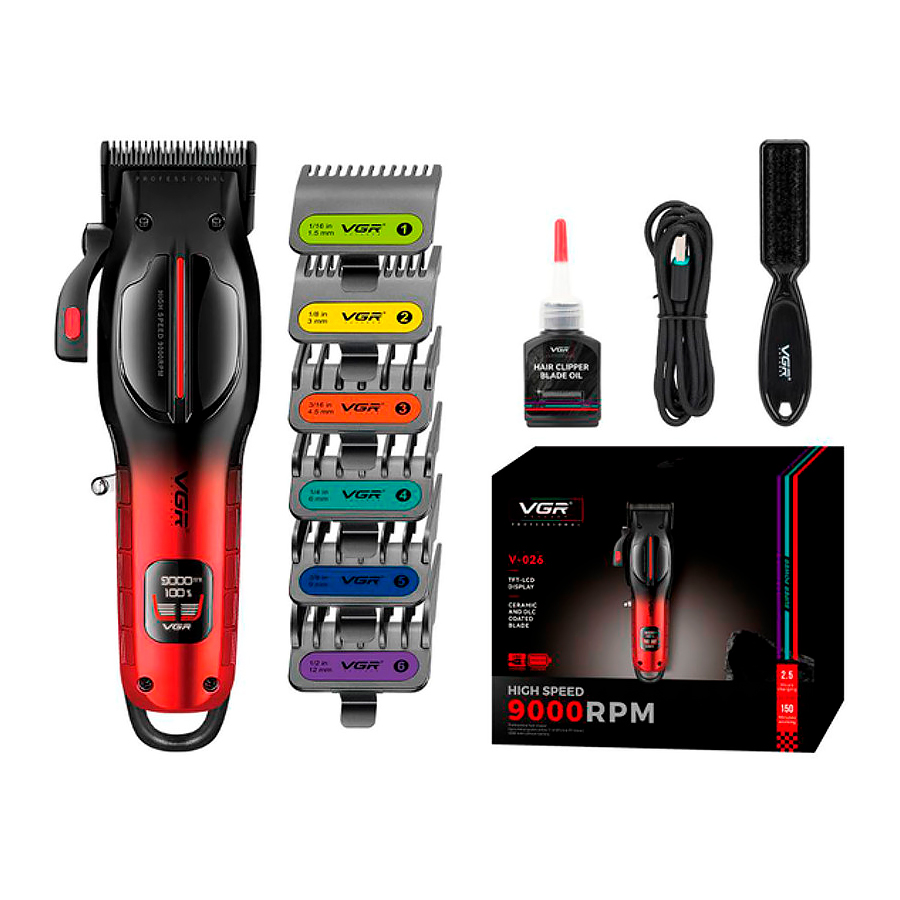 Тример VGR V-026, 6 насадок, LED display, 9000 RPM, акумулятор 2500mAh, Black/Red, Box
