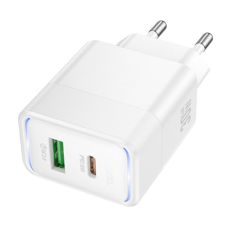 СЗУ 110-240V HOCO CS112A USB-C+USB, 30W, White, Box