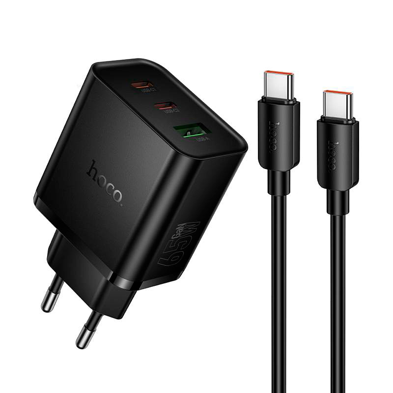 Набір СЗУ HOCO N75A+ кабель Туре-С, PD65W+Q3.0, 1xUSB+2xUSB-C, 65W, Black, Box