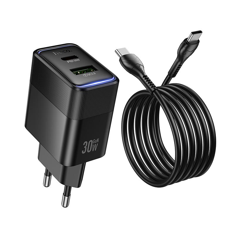 Набір СЗУ HOCO CS112A + кабель Type-C/Type-C 1xUSB+1xUSB-C, PD30W+QC3.0, кабель 1м, Black, Box