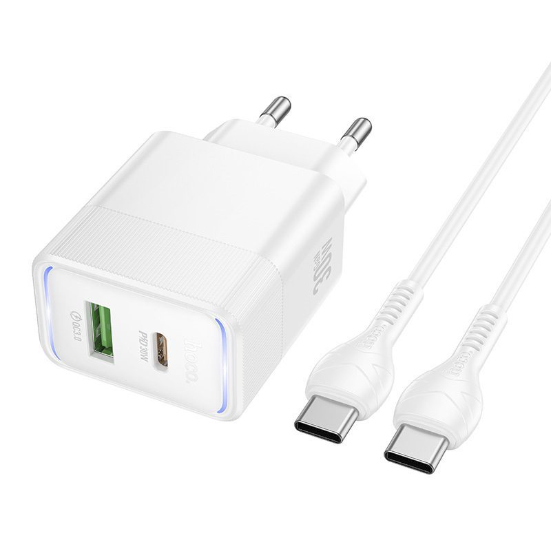 Набір СЗУ HOCO CS112A + кабель Type-C/Type-C 1xUSB+1xUSB-C, PD30W+QC3.0, кабель 1м, White, Box