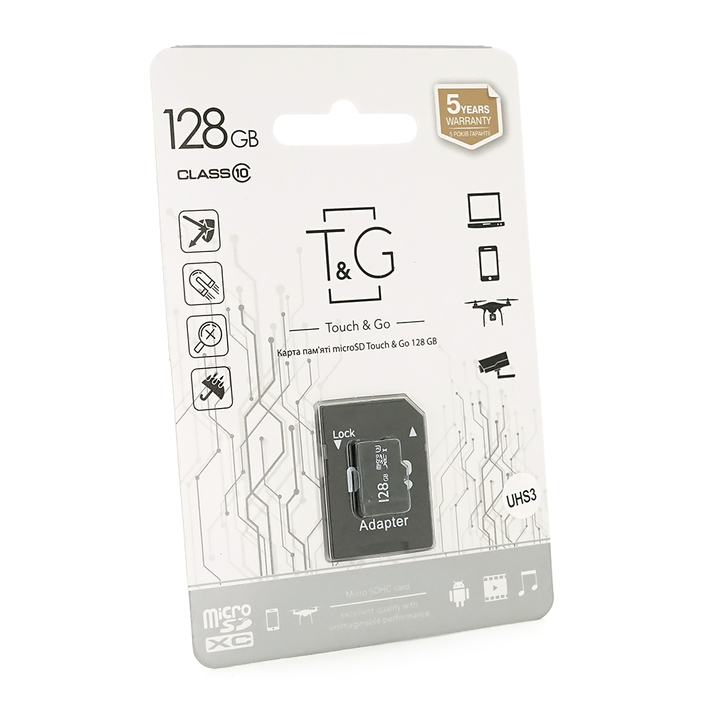 Карта пам'яті T&G microSDHC Class 10 UHS-3, з адаптером, 128GB, Blister