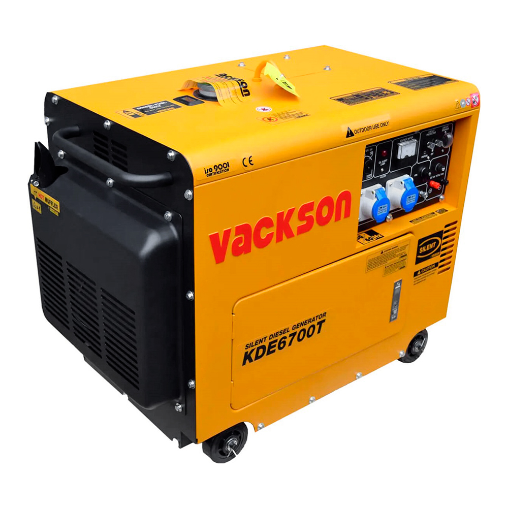 Генератор дизельний VACKSON KDE6700T+ATS, 1-фазний 230V, 50Hz, 5.5kVA/5.0kW, бак 15 л, витрата 1.4 л/год, пуск: стартер (без АКБ), 750x440x550 мм, 158кг