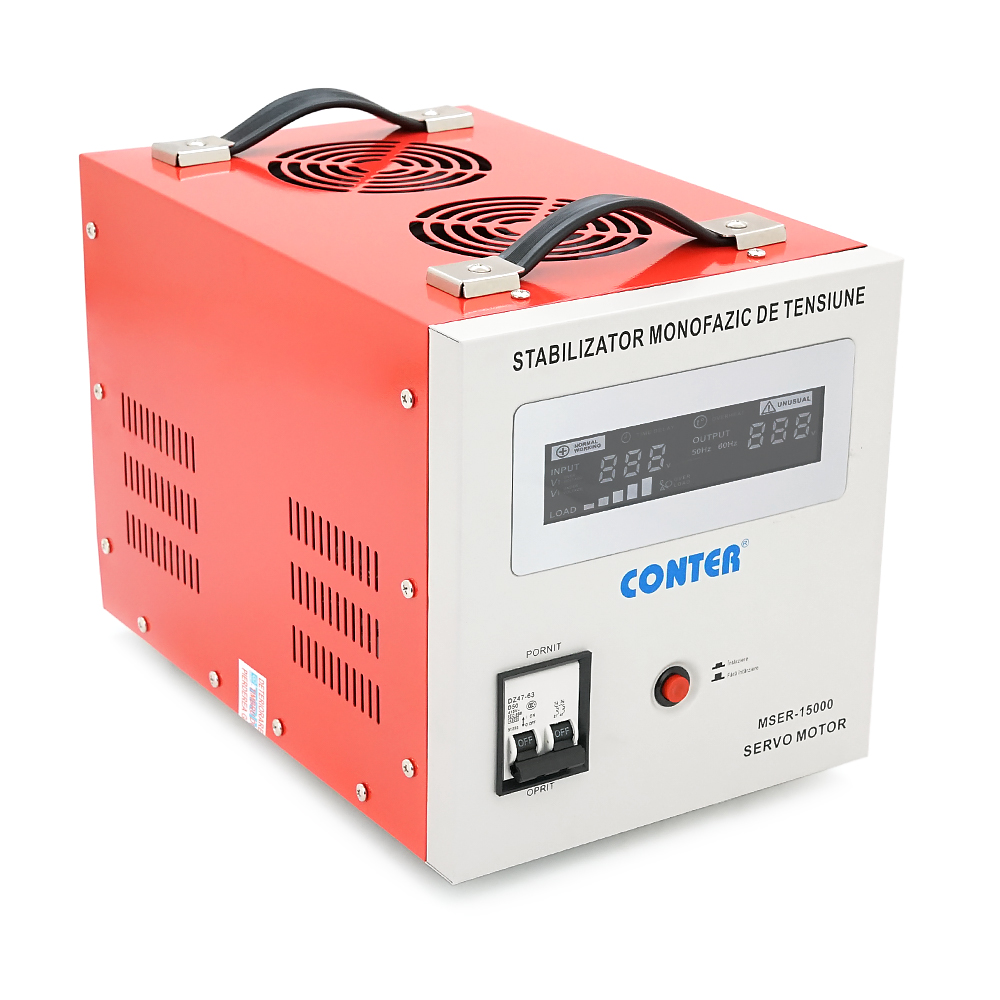 Стабілізатор напруги Conter MSER-15000-V2 трифазний, сервопривід, монтажу підлоги, LED дисплей, діапазон 225-450V, AC400±3%, колодка, 416x219x352 mm, 33.8kg